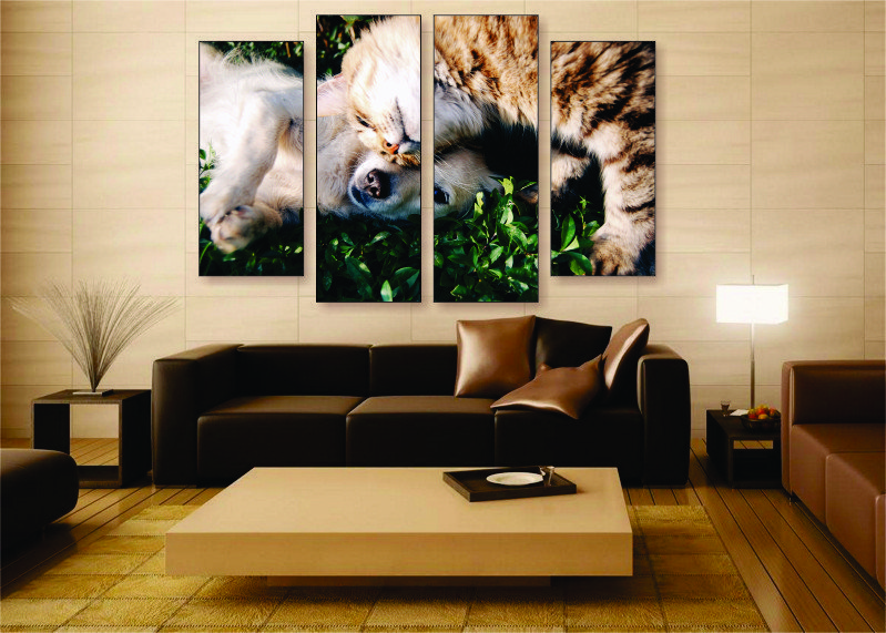 Cuddling Cat & Dog Canvas Print - 4 Piece