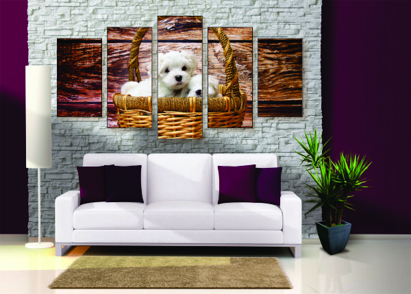 Puppies in a Basket Canvas Print - 5 Piece